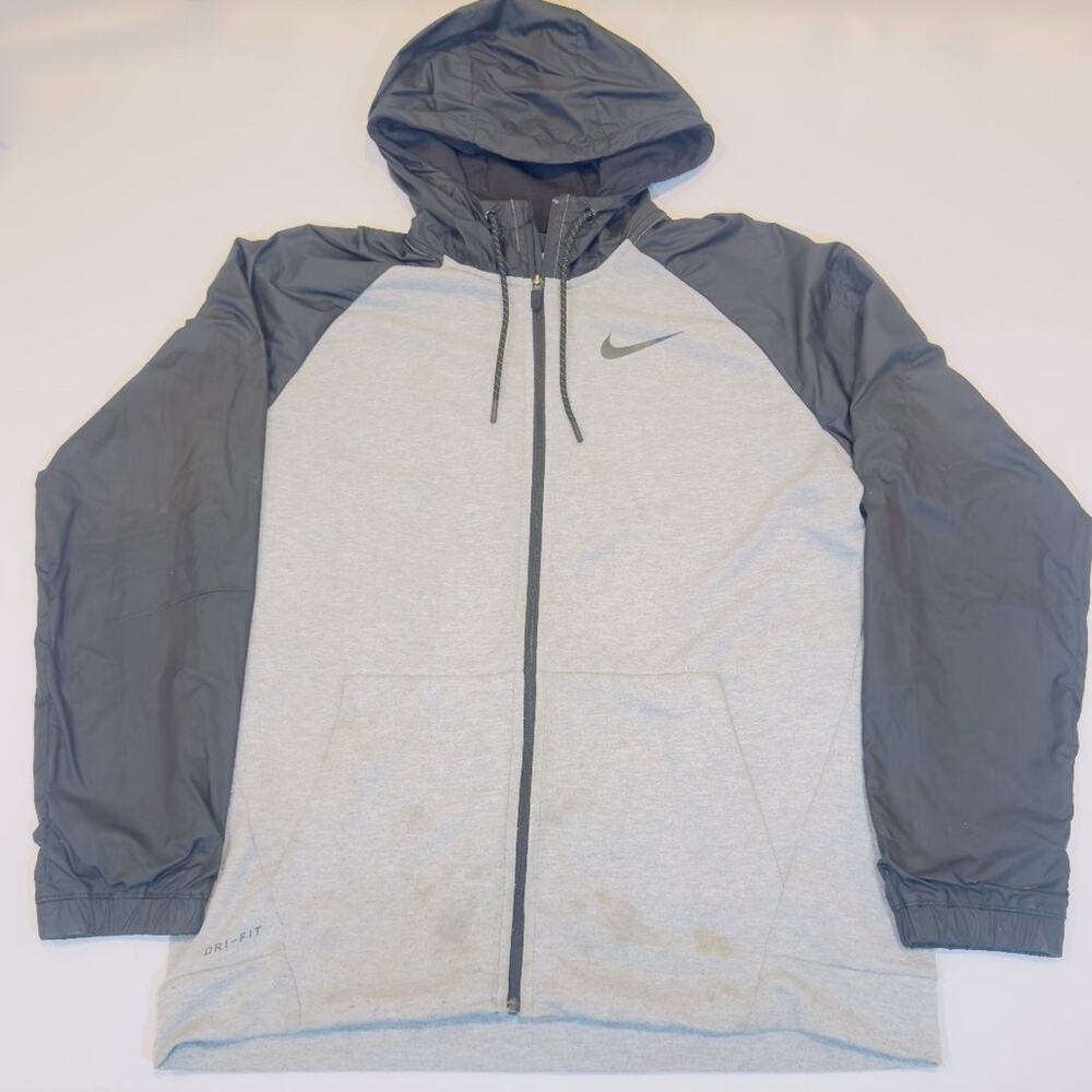 Nike Dri-FIT Mens L Heather Gray Black Full Zip Rain Resistant Hoodie Jacket